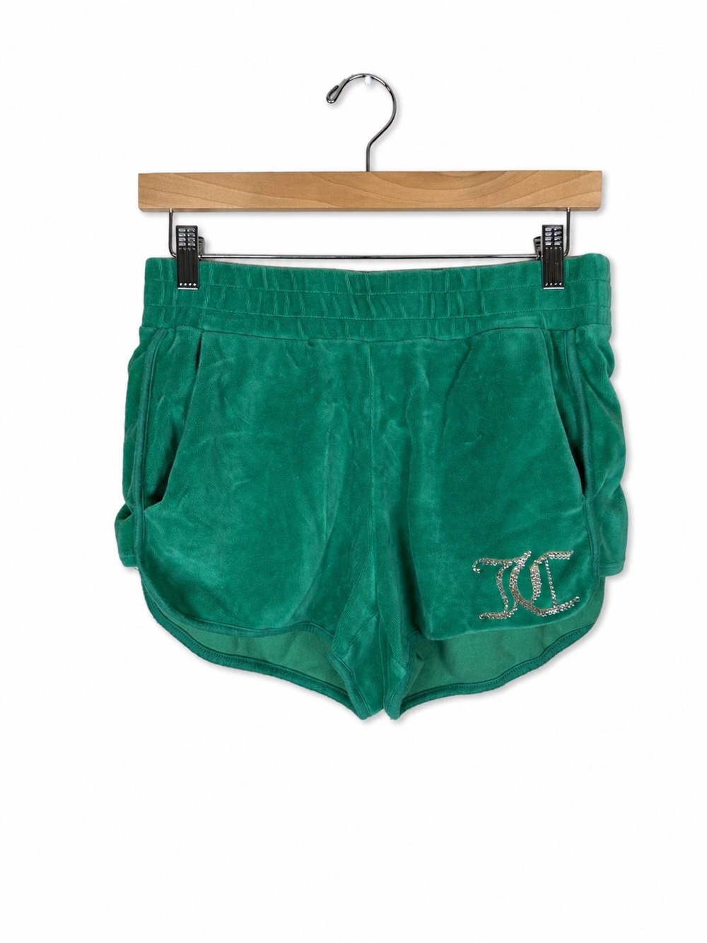 Juicy Couture Green Velour Rhinestone Logo Shorts Size Small Y2K